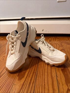 Nike Cream Sneakers with Navy Swoosh and Gum Outsole